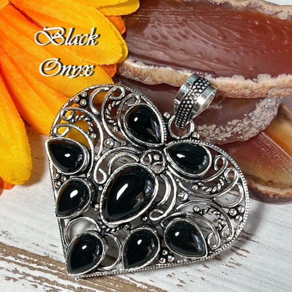 Heart Pendant Black Onyx Large Gemstone Handmade Statement 925 Silver Bohemian - Picture 7 of 10